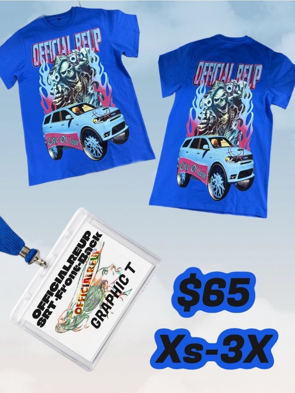 Blue 'Official Rep' Graphic Tee with Car & Flames